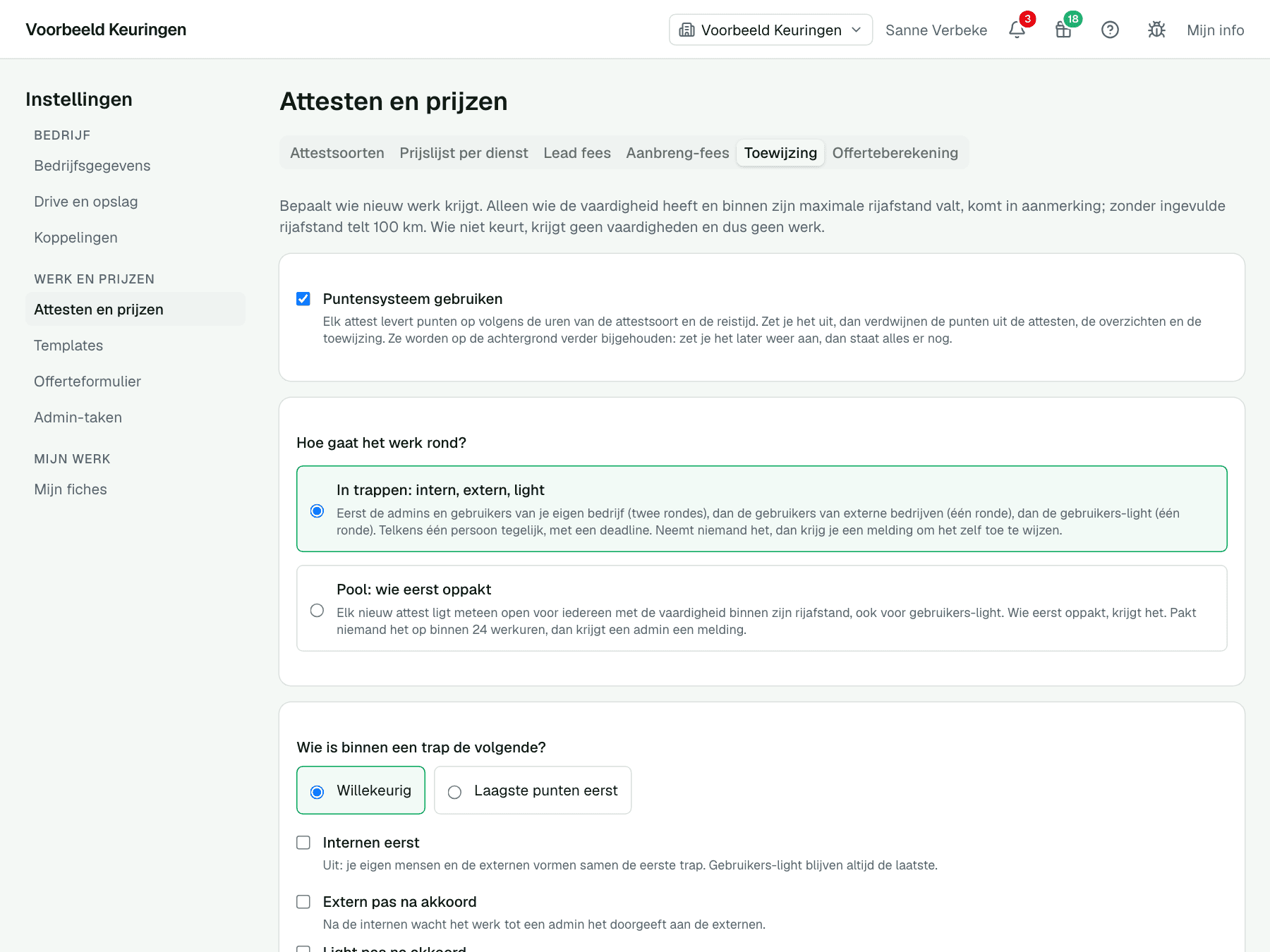 De instelling voor toewijzing in trappen, met intern, extern en light